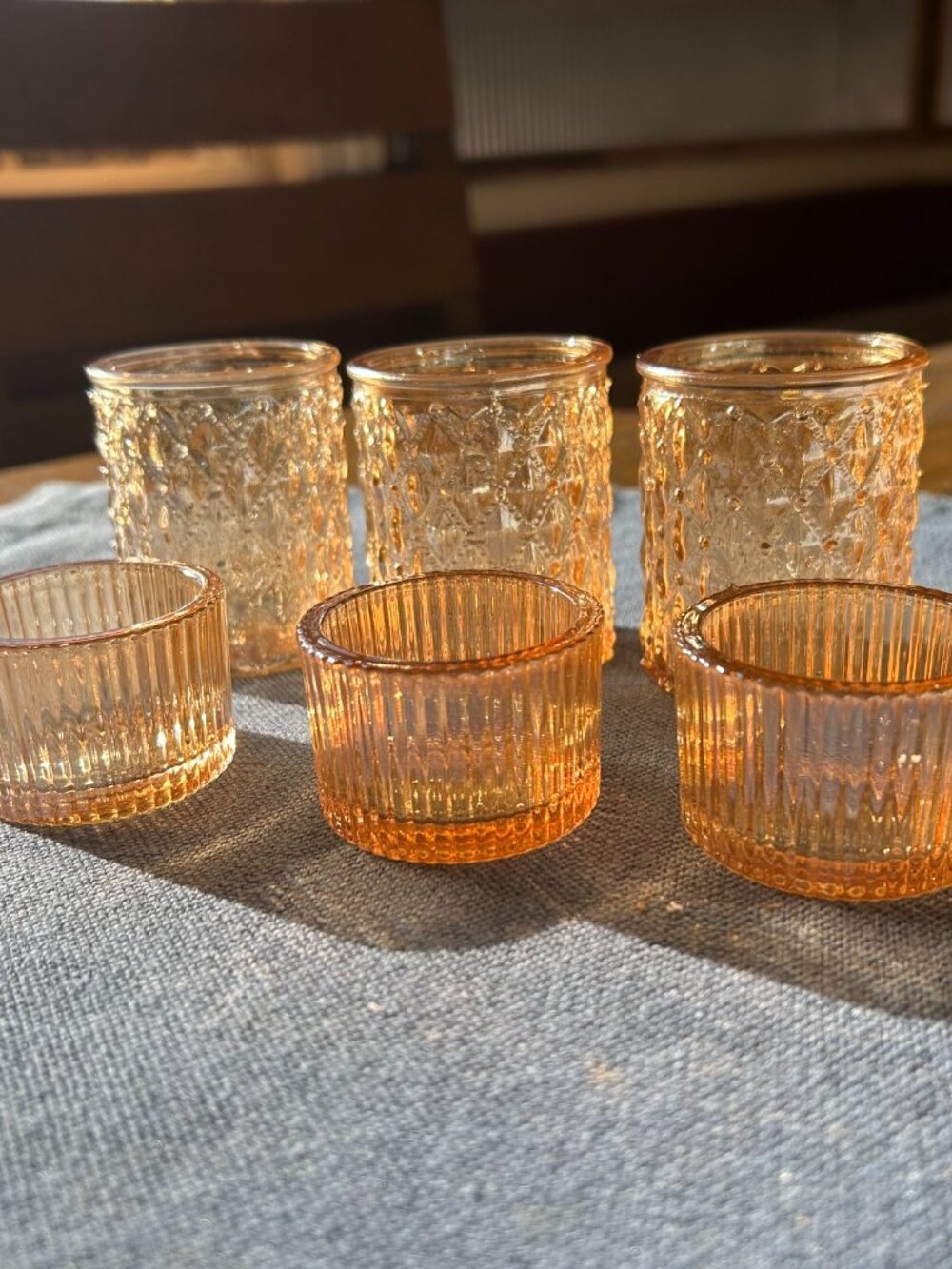 Amber glass votives 3 diamond cut 2.5 in tall 4 line cut 1.5 in t